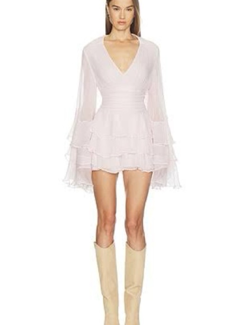 LOBA Leah Mini Dress Baby Pink XXS NWOT Ruffle Bell Sleeve Romantic Mini *Flaw